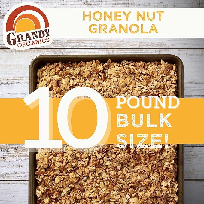 Grandy Organics Honey Nut Granola, 10 Pound Bulk Bag, Certified Organic, Gluten Free, Non-GMO, Kosher, Plant Based Protein Granola