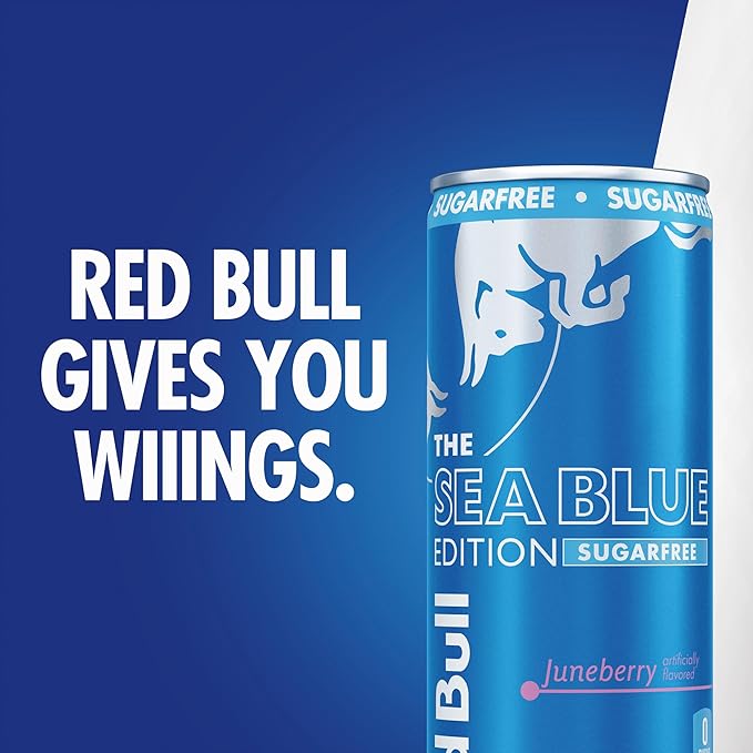 Red Bull Sea Blue Edition Sugar Free Energy Drink, Juneberry, 12 fl. oz., 6 x 4 Cans, Pack of 24 Cans, with 114mg Caffeine, Taurine & B Vitamins
