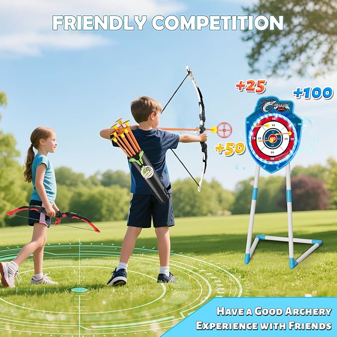 VATOS 2 Pack Bow and Arrow Toy with LED Light - 4 in 1 Archery & Dart Game Set with 20 Suction Cup Arrows, Shark Glow Target & Dart Board - Indoor/Outdoor Birthday Gift for Kids Boys Girls Ages 5-12