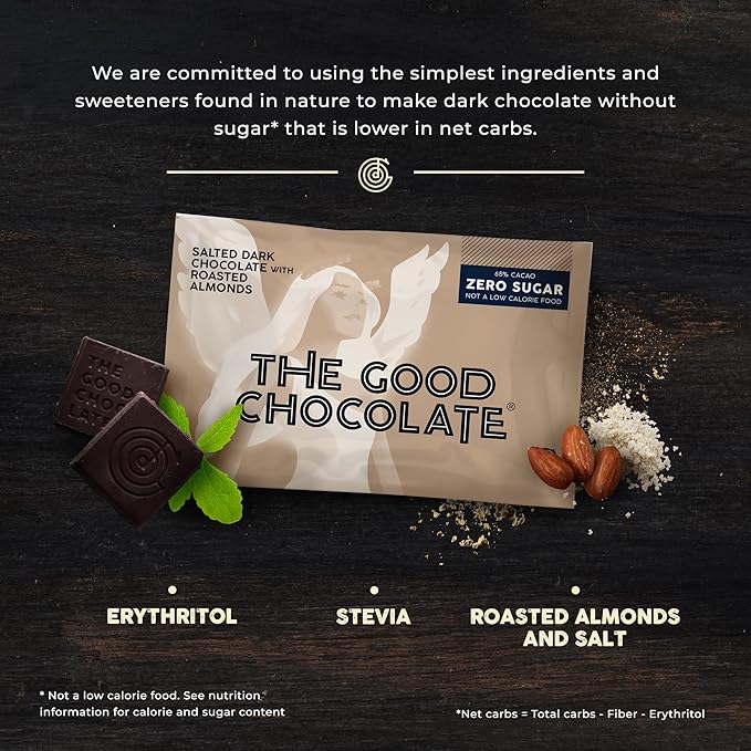 THE GOOD CHOCOLATE - Mini Salted Almonds Chocolate Bars with Zero Sugar & Lower Net Carb - Keto Chocolate Bar Offers Lower Calorie Chocolate Candy - All Natural Non-GMO (Pack of 10)