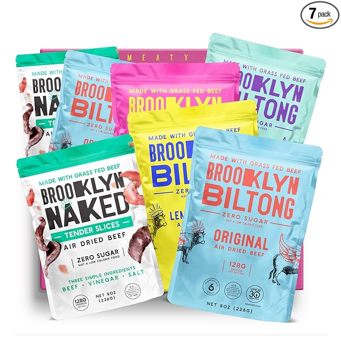 Brooklyn Biltong Carnivore Holiday Gift Snack Box, Air Dried Grass Fed Beef, South African Beef Jerky - Whole30, Paleo, Keto, Gluten Free, Made in USA