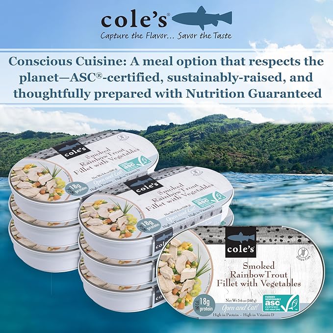 COLE’S - Smoked Rainbow Trout Fillet with Vegetables | Ready to Eat Meal | 5.6 oz Hand-Packed Canned Fish | 18g Protein | High in Vitamin D | 6 pack
