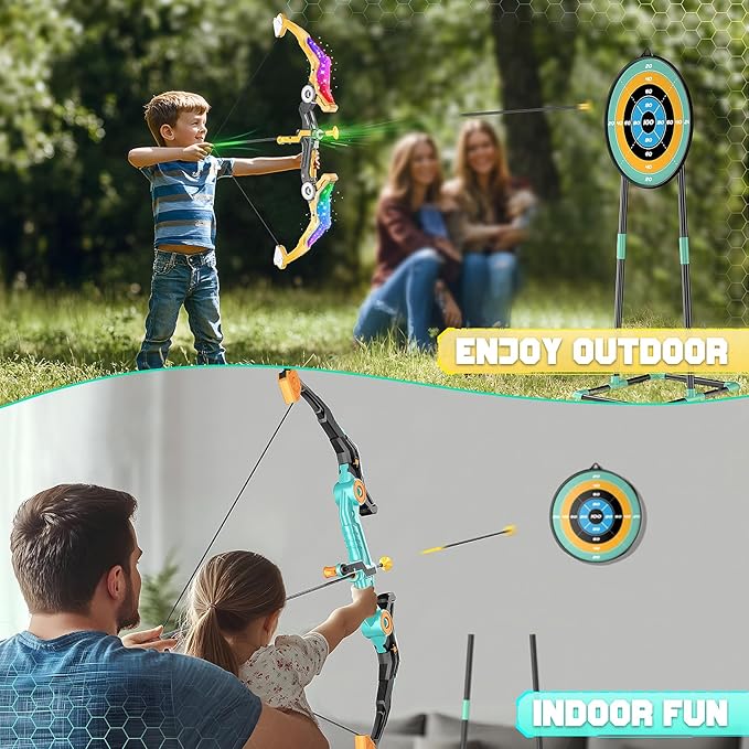 2 Pack Upgraded Kids Bow and Arrow Sets with Sound Effects&Color-Changing LED Flash Lights, Achery set for 4 5 6 7 8 9 10 11 12 Year Old, Indoor Outdoor Toys for Ages 5-7 8-13 Boys Girls(Green&gold)