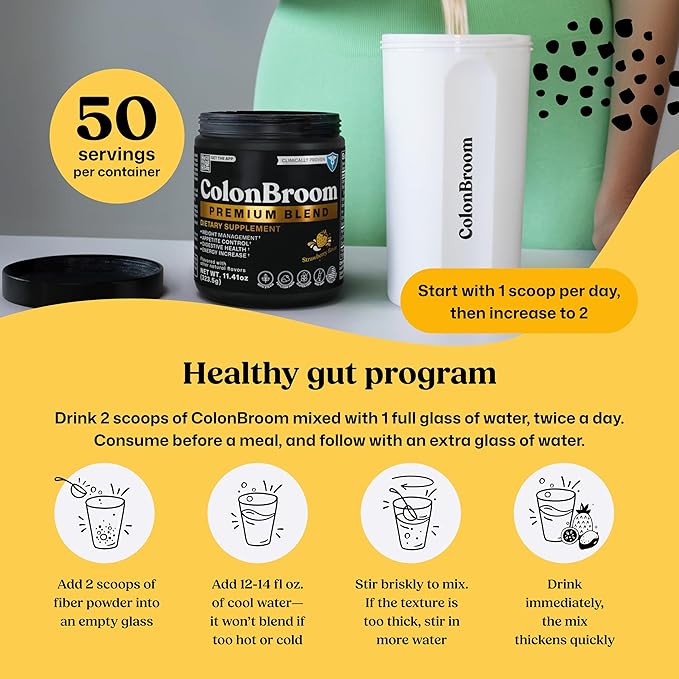 ColonBroom Premium Powder Supplement (Strawberry) - Colon Broom Psyllium Husk Fiber Powder Drink - Gluten Free, Non-GMO Colon Cleanse for Bloating Relief & Gut Health, 50 Servings