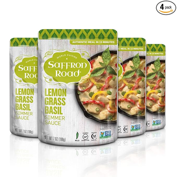 Saffron Road Lemongrass Basil Simmer Sauce | Globally Inspired Simmer Sauce | Gluten-free, Vegan, Non-GMO, and Certified Halal and Kosher | 7.0oz Pouch | Pack of 4