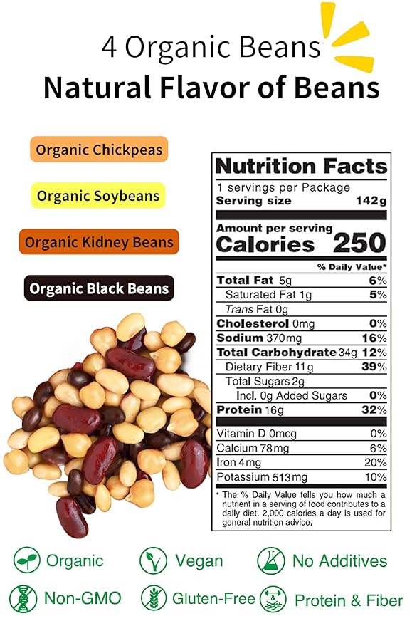 【Eat More Beans】Organic Fully Cooked Super Bean Mix, steamed bean, healthy salad toppings, plant-based protein, vegan, organic, non-GMO, Edamame, Chickpeas, Black Beans, Kidney Beans (5oz, 6packs)