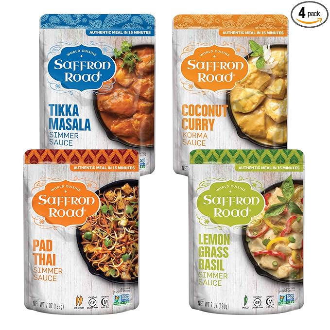 Saffron Road Simmer Sauce Variety Pack | Lemongrass Basil, Coconut Curry, Pad Thai, and Tikka Masala | Vegetarian, Non-GMO, Halal, and Kosher | 7.0oz Pouch | Pack of 4