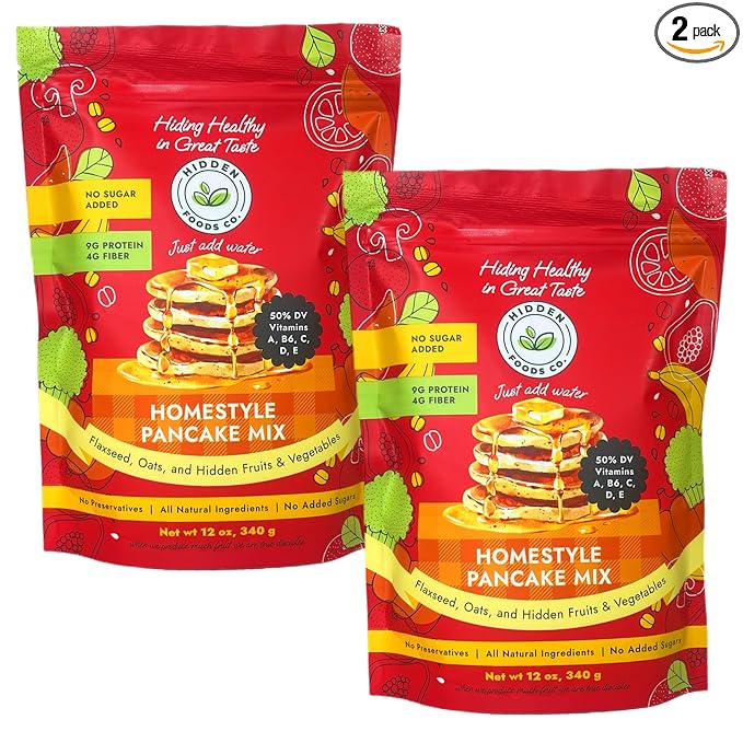Hidden Foods Homestyle Pancake Mix Thick & Fluffy Pancake Made with Natural Oats, Flaxseed, Fruits & Vegetables | Healthy Blend of 9g Protein & 4g Fiber | Breakfast Meal Just Add Water - 2 Pack