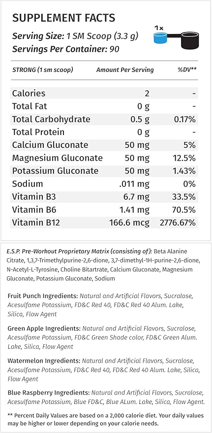 Metabolic Nutrition - ESP - Stimulating Pre Workout, Pre Intra Workout Supplement, Energy and Endurance Stimulating, Natural & Safe, High Energy, Mental Focus, Green Apple, 300 Grams (90 Servings)