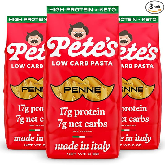 17g High Protein Penne Pasta | 7g Low Carb Keto Pasta | Healthy, Italian Pasta From Italy | 3-Pack, 8oz - Pete's Pasta