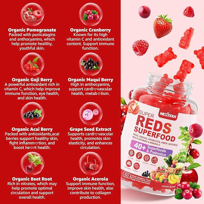 Fruit and Veggie Supplement, Super Greens & Reds Gummies w/40+ Superfoods, Multivitamin, Polyphenol, Spirulina Chlorella, Beet Root Powder Alternative, Support Energy Antioxidants & Gut Health, 120Cts
