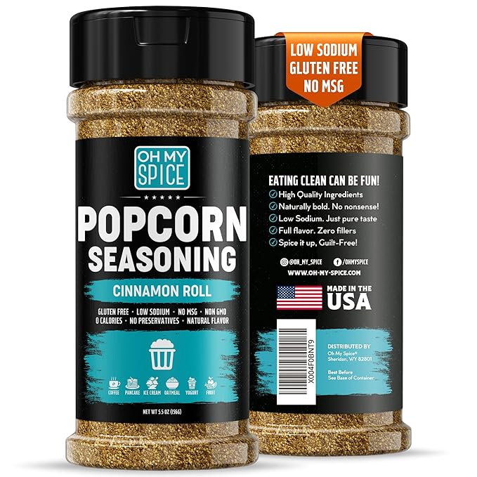 Popcorn Seasoning Buttery Cinnamon Roll Mix - Gluten Free & Low Sodium Cinnamon Powder Blend Popcorn Flavoring Seasoning. Healthy Movie Night Pop Corn Toppings. Sweet Pop Corn Salt Seasonings. 5.5oz