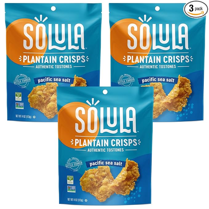 Solula Plantain Crisps Authentic Tostones, Pacific Sea Salt, 4 Ounce (Pack of 3), Kettle Cooked Chips, Gluten Free, Paleo Friendly, Grain Free, Vegan