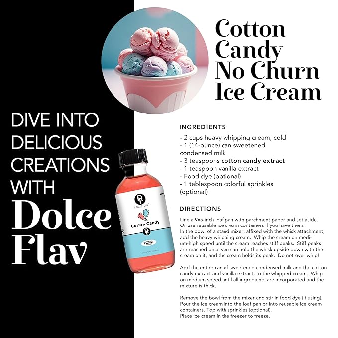 Dolce Flav Cotton Candy Extract – Kosher, Sugar-Free, Concentrated Carnival-Style Flavoring for Baking, Frostings & Drinks, Includes Measured Dropper, 2 oz Pack of 2