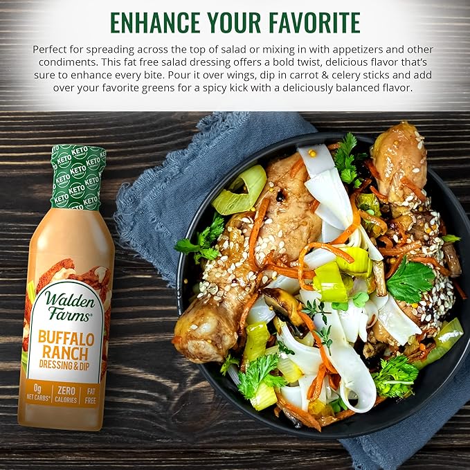 Walden Farms Buffalo Ranch Dressing & Dip – Calorie-Free, Gluten-Free, Low Carb, Keto-Friendly, Sugar-Free, Fat-Free, Dairy-Free Spicy Buffalo Ranch Flavor – 2-Pack, 12 oz Bottles