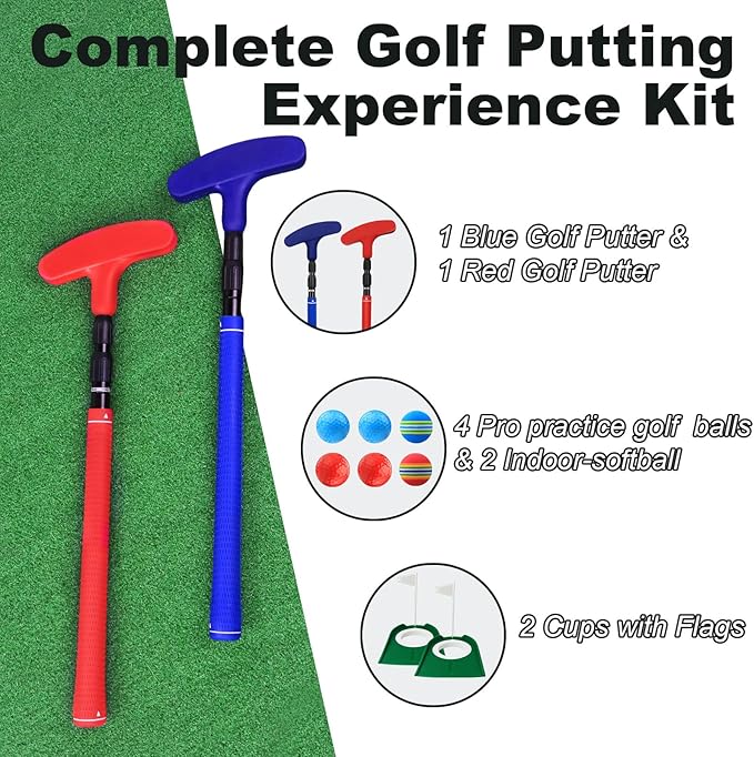 Adjustable Golf Putter, Mini Golf Set - 2 Kids Golf Clubs with 6 Golf Balls & 2 Cup with Flag, Two-Way Kids Putter for Right & Left Handed, Battle Golf for Kids for Youth & Junior Golfer