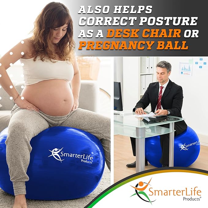 SmarterLife Exercise Ball Yoga Ball for Fitness, Balance, Stability, or Pregnancy, Gym Ball for Core Workout, Physical Therapy, Yoga Ball Chair for Office, Anti-Slip Anti-Burst