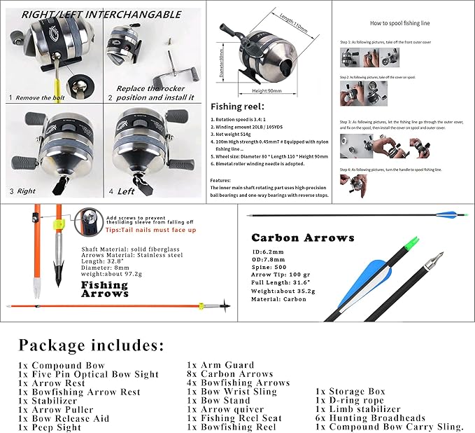 Archery Bowfishing Compound Bow Kit Ready to Fish Kit with Bowfishing Reel, Bow Fishing Arrows Right & Left Handed for Adult/Youth Fishing Hunting Target Shooting