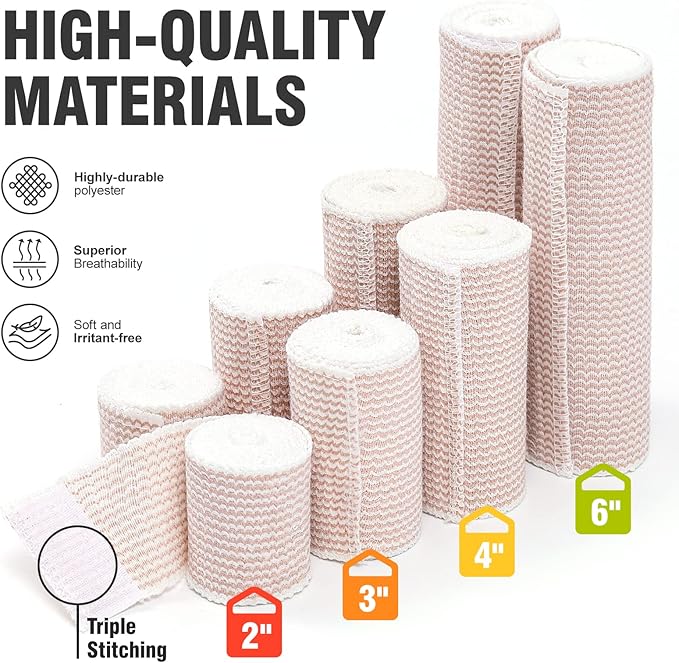 4 Pack Elastic Bandage Wrap | 4" Wide Medical Bandage Wrap with Hook-and-Loop Fasteners on Both Ends Compression Wrap for Wounds Latex Free Stretch Bandage for Foot Arm Hand Ankle Injury