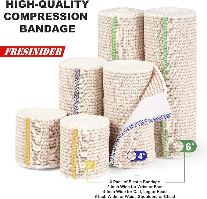 Premium Elastic Bandage Wrap, 6 Pack (2x2, 2x4, 2x6) Cotton Compression Bandage with Touch Closure at Both Ends, Support & First Aid, Medical, and Injury Recovery