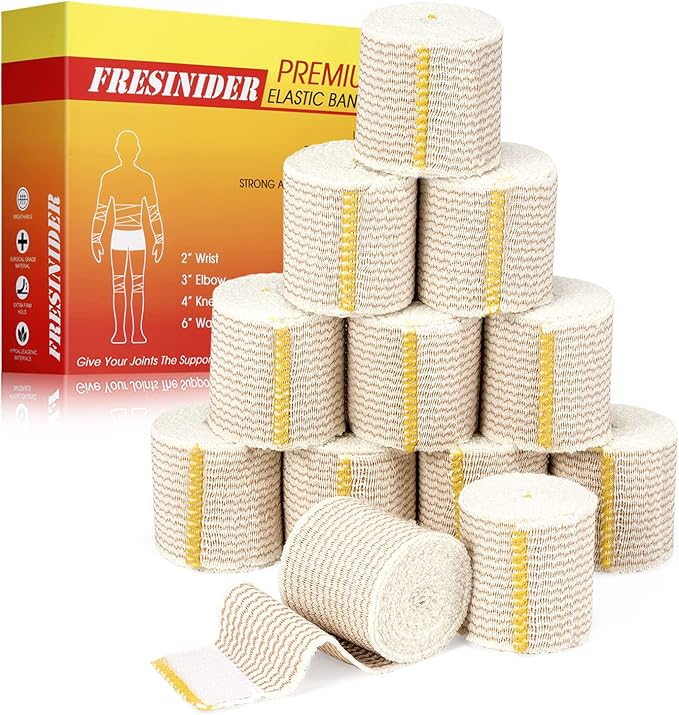 Premium Elastic Bandage Wrap, 12 Pack 2" Cotton Latex Free Compression Bandage Wrap with Touch Closure at Both Ends, Support & First Aid for Sports, Medical, and Injury Recovery