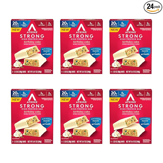 Atkins Strong Birthday Cake High Protein Bars, 20g Protein, 2g Sugar, 4 Count (Pack of 6)