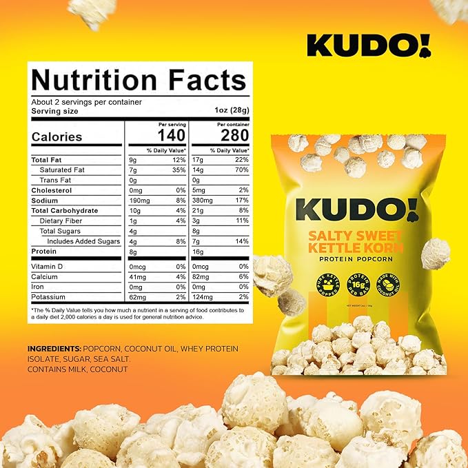 Kudo - Salty Sweet Kettle Korn - Protein Popcorn - Seed Oil Free, Gourmet Flavor, Mushroom Kernel, 8g Protein, Snack Anytime Anywhere - 2oz