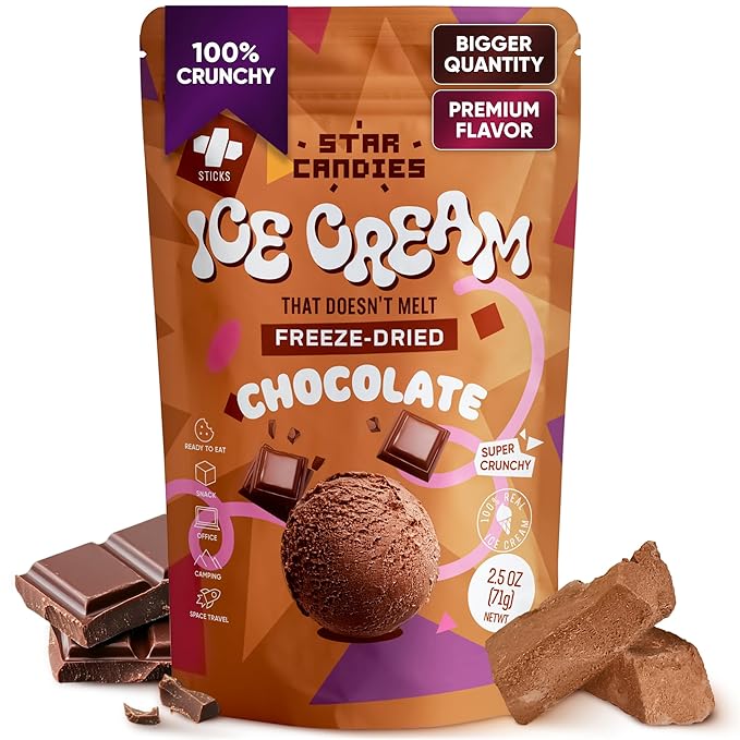 Star Candies Freeze Dried Ice Cream Chocolate (2.5 oz.) No Melting Freeze Dried Chocolate Ice Cream Candy | Crunchy & Delicious Camping Food | Premium Astronaut IceCream loved by Kids and Adults | Space and Astronaut Snack | Gift for Birthday or Party