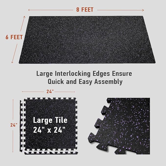 0.56in Thick 48 Sq Ft Exercise Equipment Mats, 12 Tiles Upgraded Rubber Top with High Density EVA Foam, Large Interlocking Puzzle Gym Flooring for Home Gym, Heavy Weight Workout, Black & Purple
