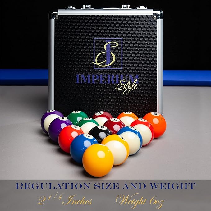 Pool Balls Billiard Set - Regulation Size - 17 Pc Professional Pool Set w/ Cue Ball and Sleek Black and Silver Case - Multi Colored - Ball Size 2.25" 57.15mm