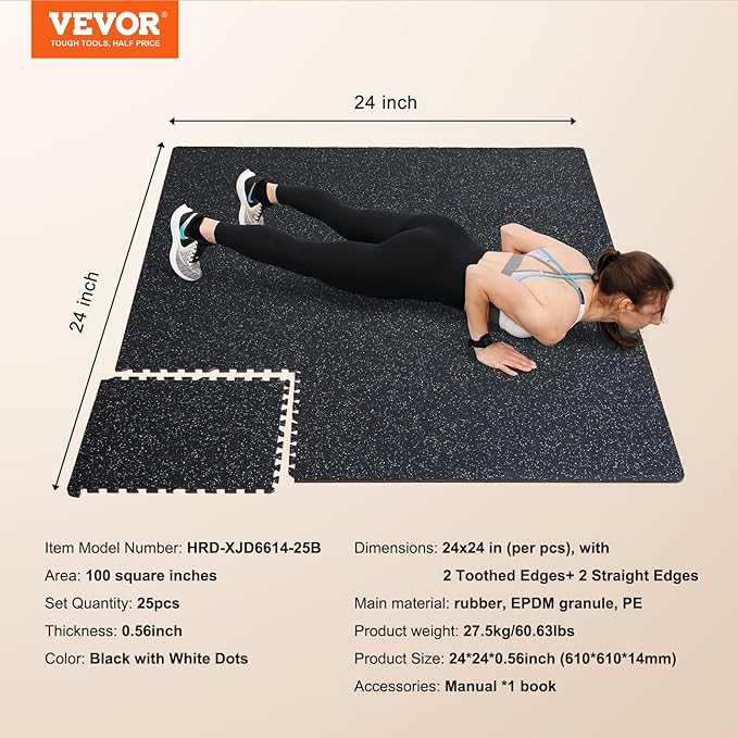 VEVOR 0.56 Inch Thick Gym Floor Mats, 25 Tiles Rubber Top with EVA Foam, 25" x 25" Gym Flooring Workout Mat with 100sq.ft Coverage, Interlocking Puzzle Mats for Home, Garage, Black & White