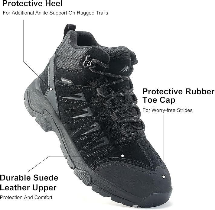 Men's Waterproof Hiking Boots Lightweight Comfortable Leather Mid Ankle Outdoor Trekking Boot