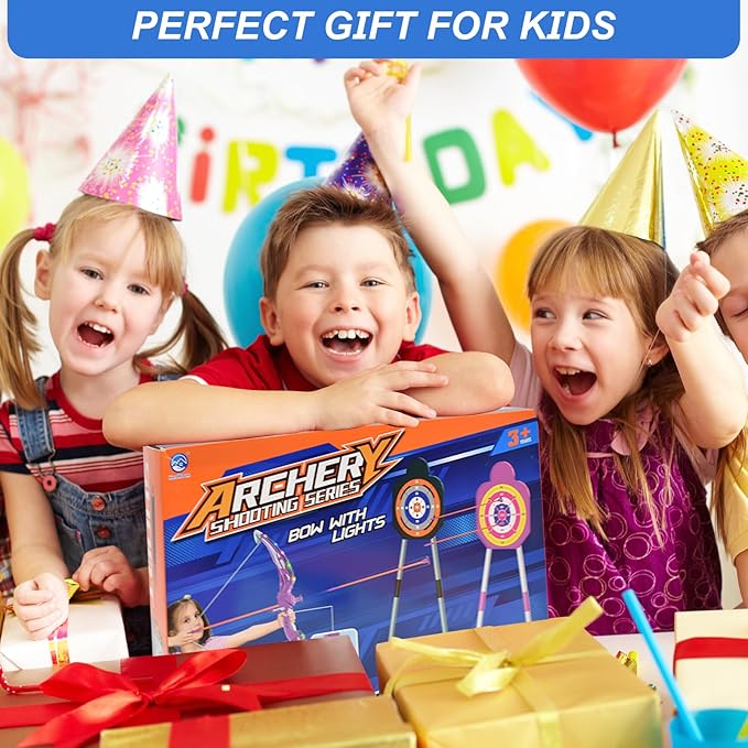 2 Pack Bow and Arrow Toy for Kids 3-8-12, LED Light Up Archery Set with Shooting Game Toy & Standing Target for Boys and Girls Age 5 6 7 8 9 10 11+, Indoor Outdoor Activity Toys for Birthday