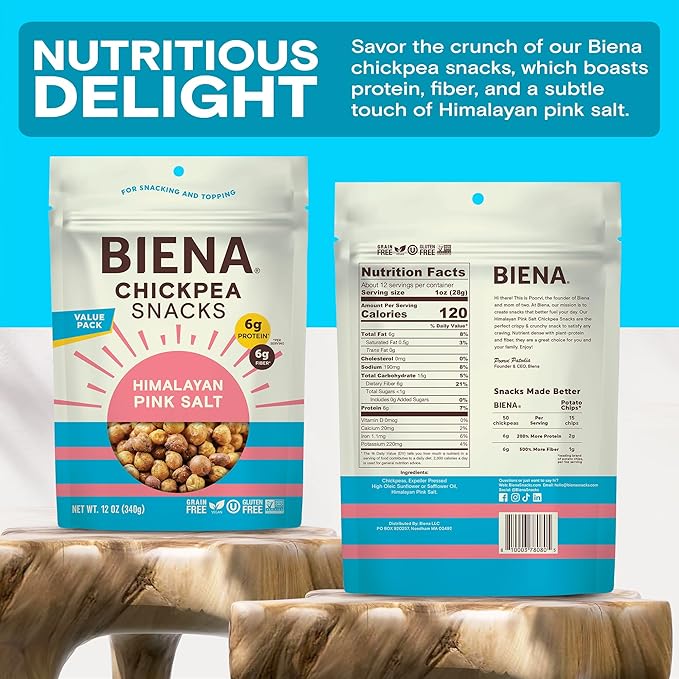 BIENA Chickpea Snacks - Crunchy Roasted Chickpeas - High Fiber Vegan Protein Snacks for Adults and Kids - Individual Pack - Himalayan Pink Salt