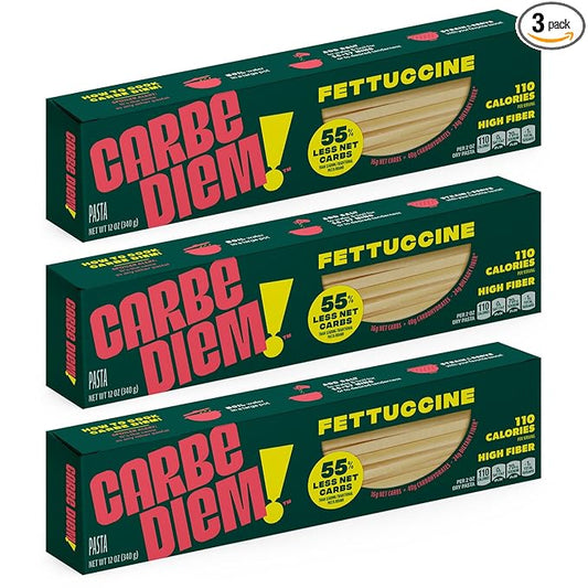 Carbe Diem!, Fettuccine, Lower Net Carb Pasta with Traditional Flavor & Texture, 55% Fewer Net Carbs & Only 110 Calories Per Serving, Pack of 3