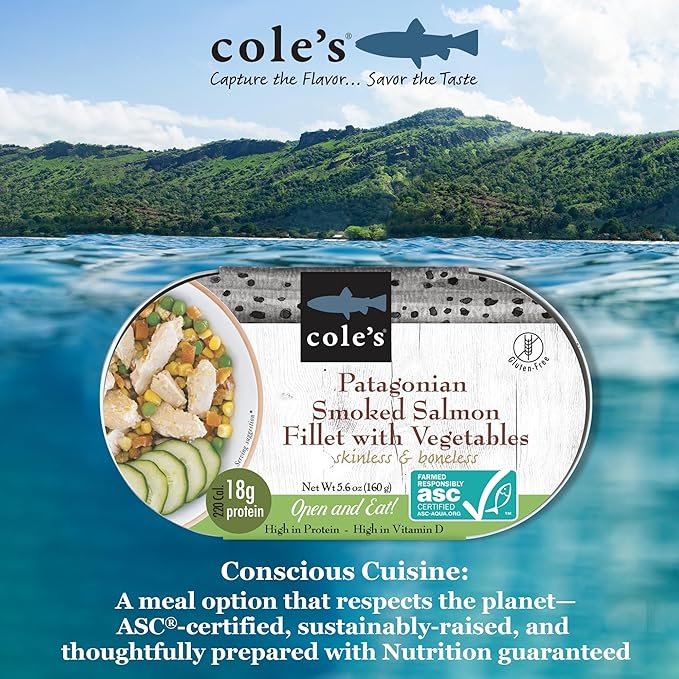 COLE’S - Patagonian Smoked Salmon Fillet with Vegetables| Ready to Eat Meal | 5.6 oz Canned & Hand-Packed | 19g Protein | High in Vitamin D | 1 Unit