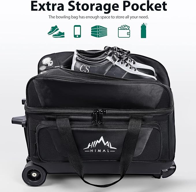 Double Roller 2 Ball Bowling Bag with Separate Shoe Compartment for Bowling Shoes (Up To US Mens Size 15) and Oversized Accessory Pocket, Retractable Handle - Extends to 40"