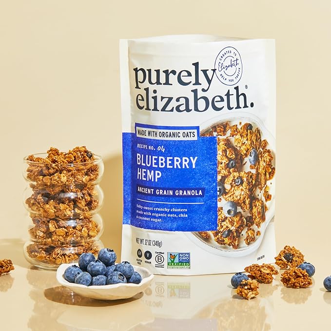 purely elizabeth Ancient Grain Granola Certified Glutenfree Vegan NonGMO Coconut Sugar Delicious Healthy Snack , Blueberry Hemp, 12 Ounce