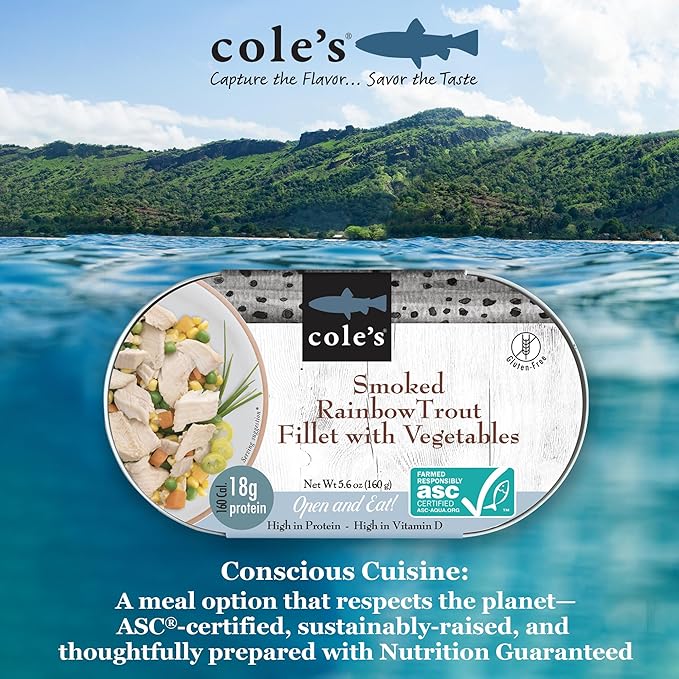 COLE’S - Smoked Rainbow Trout Fillet with Vegetables | Ready to Eat Meal | 5.6 oz Hand-Packed Canned Fish | 18g Protein | High in Vitamin D | 1 unit