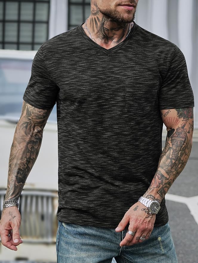 Men's V Neck T Shirts Casual Stylish Fitted Stretch Tee Shirt with Pocket (S-3XL)