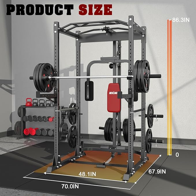BEKING Power Cage, 2000LBS Power Rack with LAT Pulldown, 2.36" ×2.36" Multi-Functional Squat Rack, Squat Cage with Pulley System and More Training Attachments for Home Gym