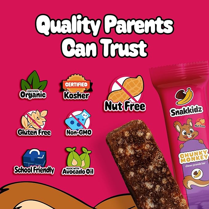 Snakkidz Organic Chewy Granola Bar, Allergen Free, Made with Avocado Oil, Low Sugar (45 Bars, Chunky Monkey)