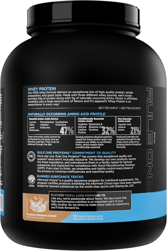 Rule 1 Whey Protein – 24g Fast-Acting Protein from All-Whey Sources with Naturally Occurring EAAs & BCAAs for Workout Recovery or Anytime Use (5 Pounds*, Toasted Cinnamon Cereal)
