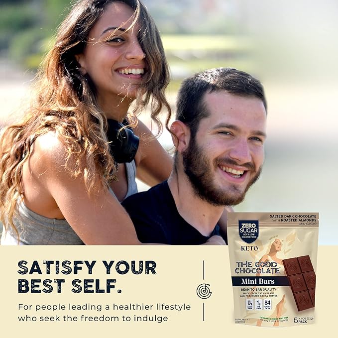 The Good Chocolate - Salted Almonds Keto Chocolate Mini Bars, Zero Sugar, Lower Net Carb Snack, Lower Calorie, Vegan Chocolate Candy, 1 Snack Pack