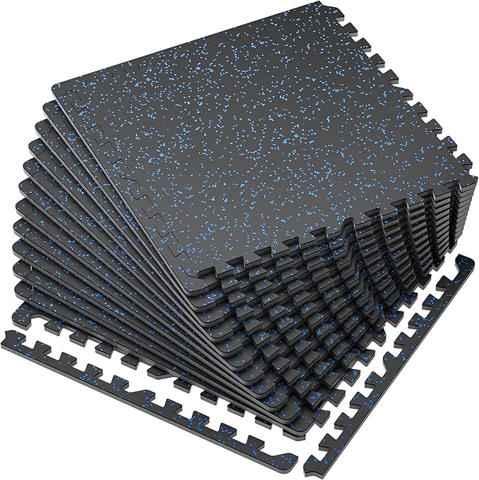 SUPERJARE 0.56'' Thick 12 Pcs 48 Sq Ft Rubber Top Exercise Equipment Mats, High Density EVA Foam Mats with Rubber Top, Interlocking Gym Flooring for Home Gym, Protective Workout Mat, Black/Blue