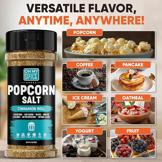 Popcorn Salt Cinnamon Roll Powder Mix - Gluten Free & Low Sodium Buttery Cinnamon Powder Popcorn Salt Seasoning. Sweet Cinammon Sugar Pop Corn Flavoring Seasoning Blend. Pop Corn Salts Topping. 5.5oz