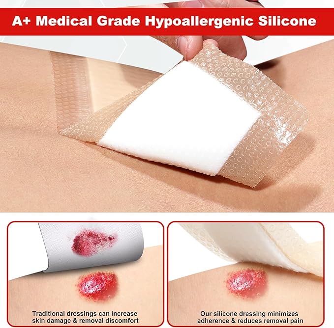 Silicone Foam Dressing with Adhesive Border – Wound Dressing Bandage – Silicone Foam Pad – Pack of 20 – 3 x 3 Inches Large Waterproof Bandages – Self Adhesive Wound Care and Dressings