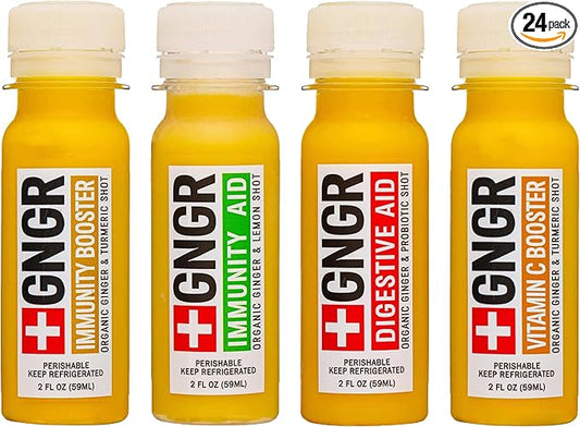 +GNGR 24 Shots Variety Pack of Organic Immunity Boosting Ginger Shots - Cold Pressed Ginger Shots for All Natural Digestive and Immune Support - Nothing Artificial - USDA Organic (2 Fl Oz, 24 Pack)