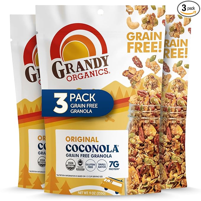 Grandy Organics Original Coconola Granola, Certified Organic Gluten Free Granola, Grain Free, Vegan and Paleo, Original Flavor Coconola, 9oz Each, Pack of 3