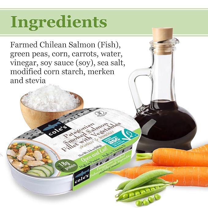 COLE’S - Patagonian Smoked Salmon Fillet with Vegetables| Ready to Eat Meal | 5.6 oz Canned & Hand-Packed | 19g Protein | High in Vitamin D | 1 Unit